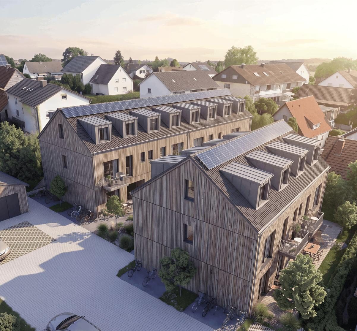 Vorderhaus und Hinterhaus von Timber 29 aus der Vogelperspektive im Bestand von Garching